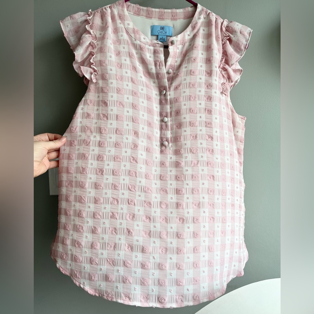 CECE Pink & White Gingham Print Textured Ruffled Sleeve Blouse
